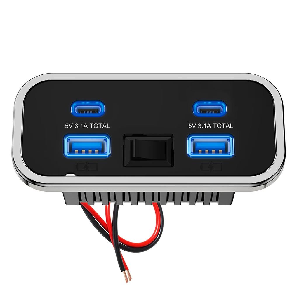 4 Ports Car Charger Socket Panel 12V/24V PD3.0 Type-C Quick Charge & QC3.0 Panel Wall Mount Charger Adapter for Car Bus RV Truck