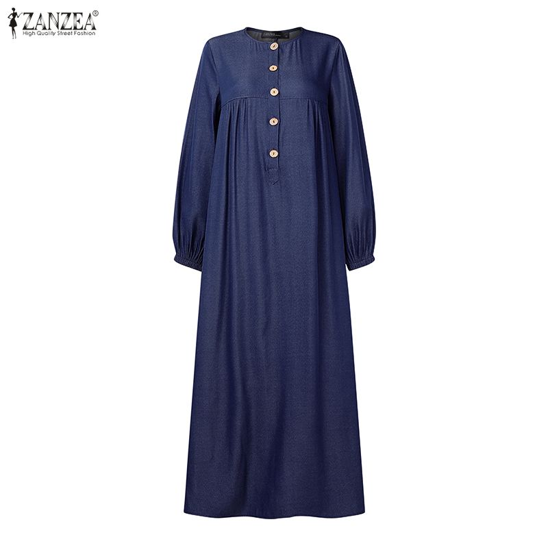 ZANZEA Vestido largo suelto informal de manga larga con cuello redondo para mujer