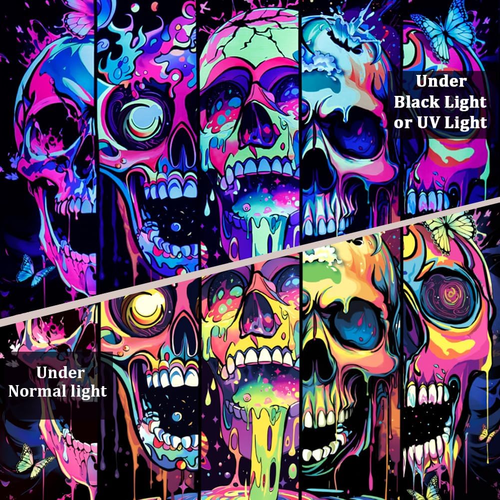 Heopapin Blacklight Skull Art Tapestry UV Reactive Neon Skeleton Butterfly Tapestries Trippy Blacklight Horror Face Tapestry Halloween Aesthetic Wall