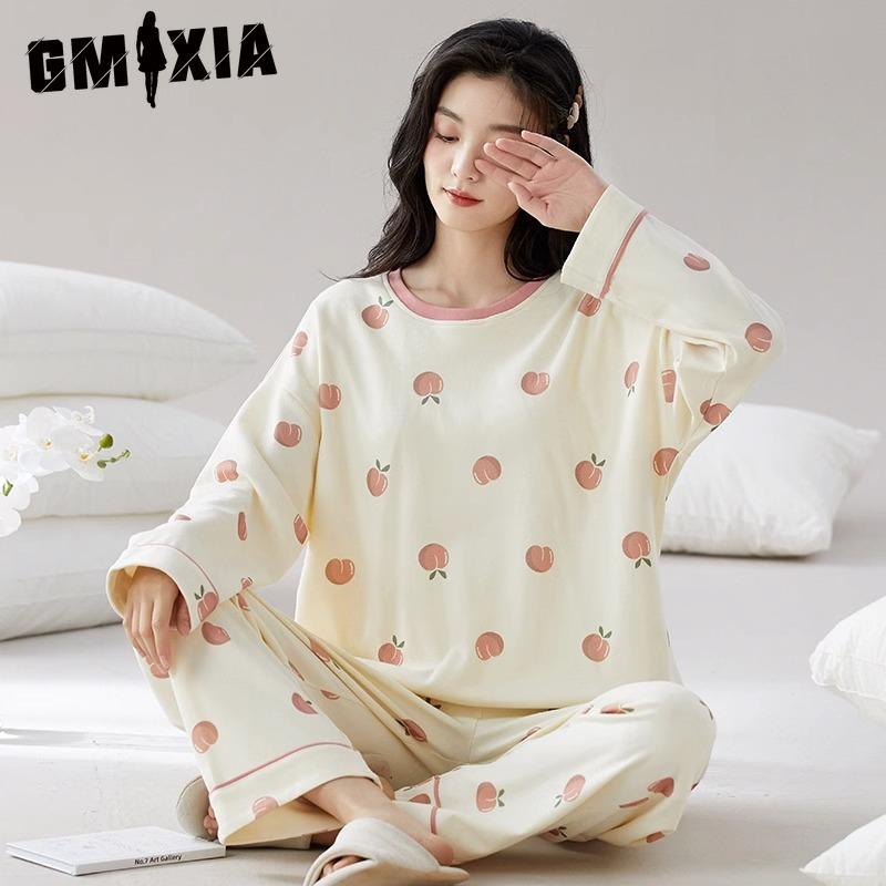 

GMXIA Autumn and Winter High-quality Cotton-like Pajamas for Women with Round Collars, Long-sleeved Shirts and Long Pants Home Wear Sets XXL