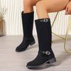 British Style Square Heel Mid-calf Knight Boots Women's Boots Fashionable Durable Buckle Decoration Retro Suede Boot Botas Mujer