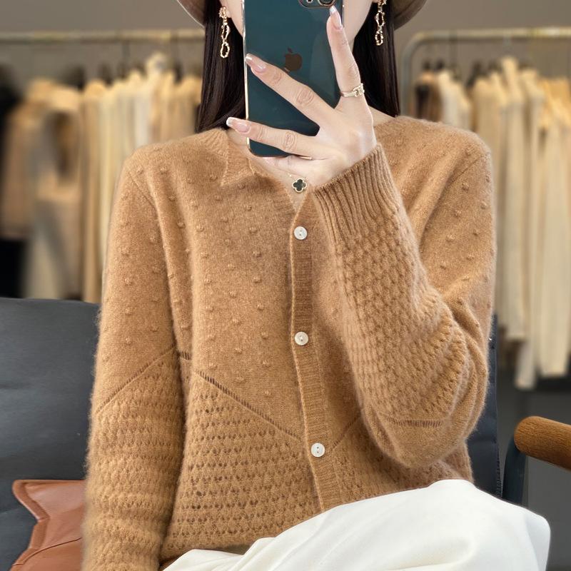 New Hollow Cardigan Women's Crew Neck Long-sleeved Knitted Top