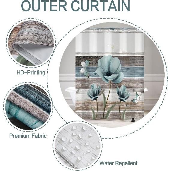 DASHAN No Hook Shower Curtain with Snap In Liner, Rustic Floral Shower Curtains for Bathroom, Teal Flowers Bath Curtain Wood Country Farmhouse Fabric