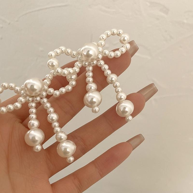 Fashionable Imitation Pearls Ear Clips Exquisite Pearls Beaded Bowknot Dangle Ear Studs for Daily Wear Dates Parties