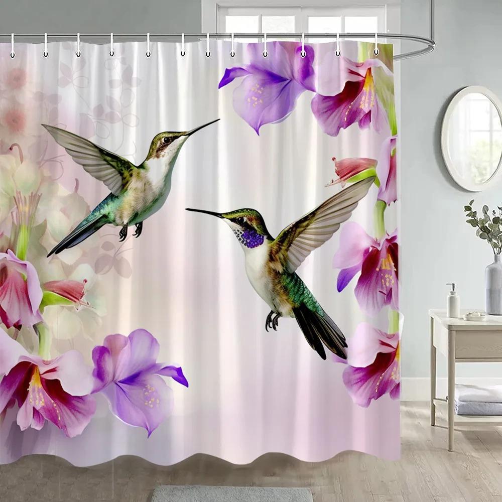 Kolibris Duschvorhang Weiß Blumige Pflanze Aquarellkunst Modern Einfach Stoff Badezimmer Vorhänge Heim Badewannen Dekor Haken