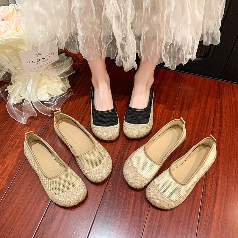 Straw Fisherman Shoes Women's 2025 New Summer Hollow Mesh Shoes One Pedal Maternity Shoes Breathable Shallow Mouth Single Shoes Mother