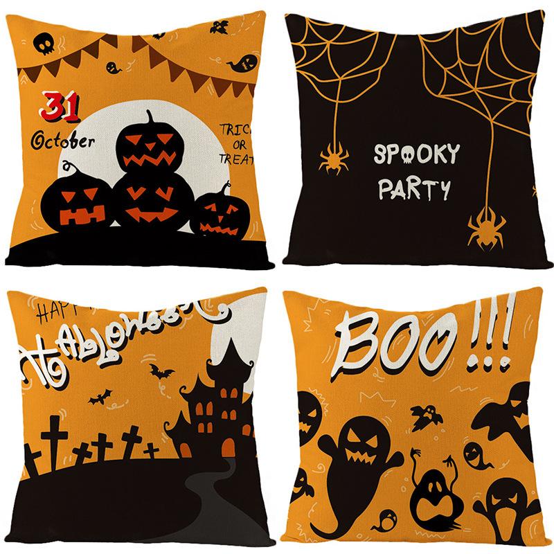 New Orange Pumpkin Head Linen Halloween Pillowcase Black Cartoon Printed Household Products Pillowcase