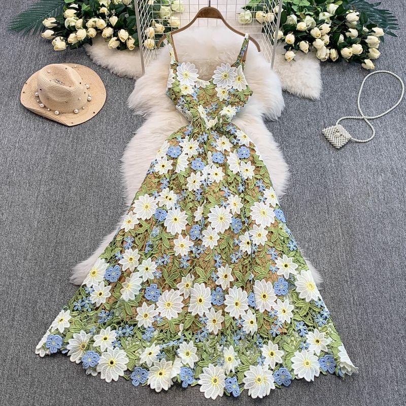 

2025 Summer Heavy Industry Two-Color Water Soluble Lace Embroidery Sling Dress Sexy Hollow Slim fit Big Hemline A- line Skirt Green S