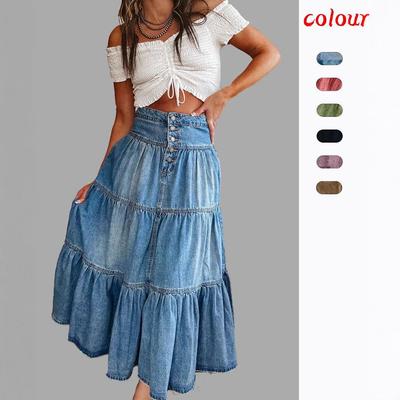 25. Rocznica Boho Spódnica Midi A-line z Falbanami z Denimu