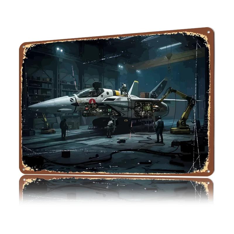 Macross Aircraft Maintenance in Hangar D Texture Printed Poster Custom Vintage Metal Tin Plate Sign for Wall Art Decor Luxury