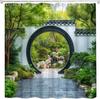 Natural Landscape Shower Curtain Chinese Patio Spring Asian Garden Courtyard Arch Stone Classical Shower Curtains Set Bathroom