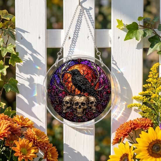 Yousheng Acrylic Puzzle Suncatcher, Halloween Black Cat Castle Raven DIY Sun Catcher Kit, Stained Glass Window Hanging Ornament for Home, Garden