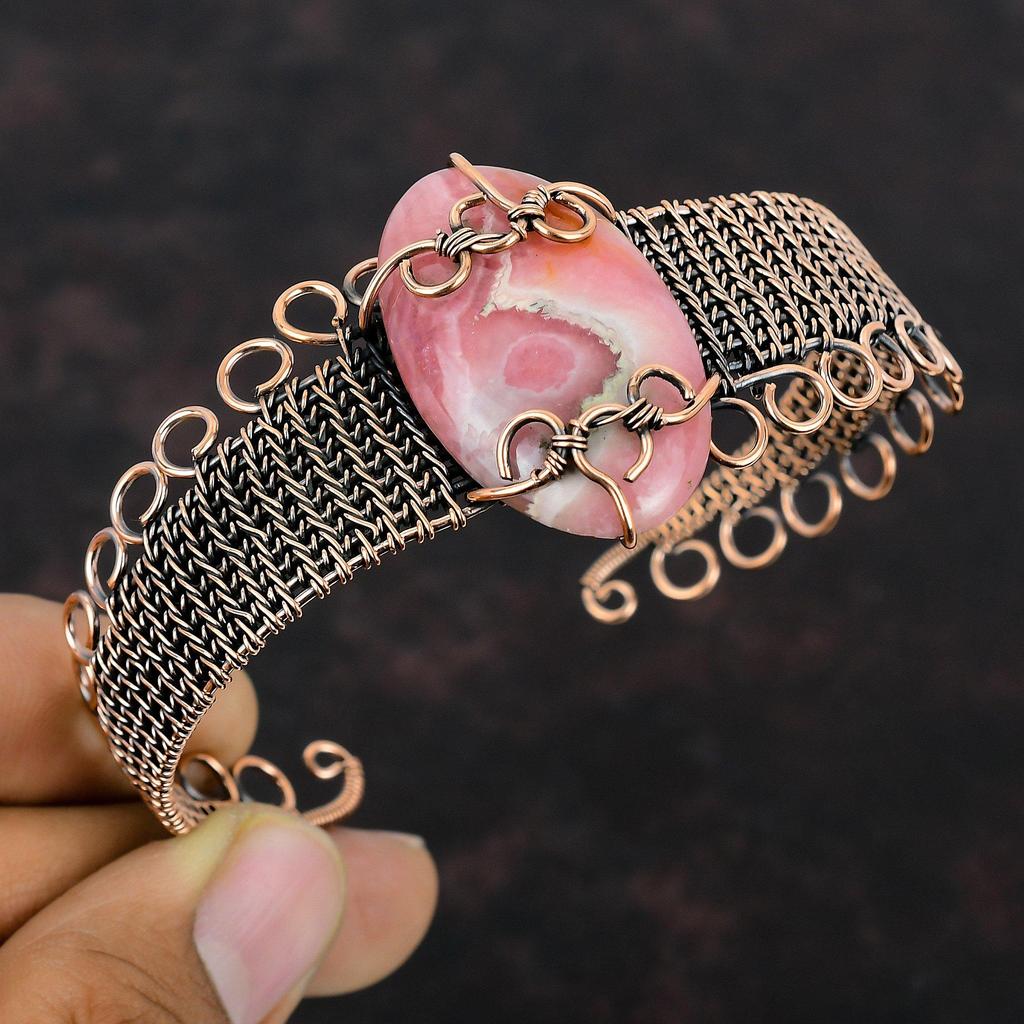 Rhodochrosite Copper Wire Wrapped Bangle Adjustable Cuff Bracelet Genuine Gemstone Bangle Handmade Bracelet Copper Wire Jewelry Gift For Her