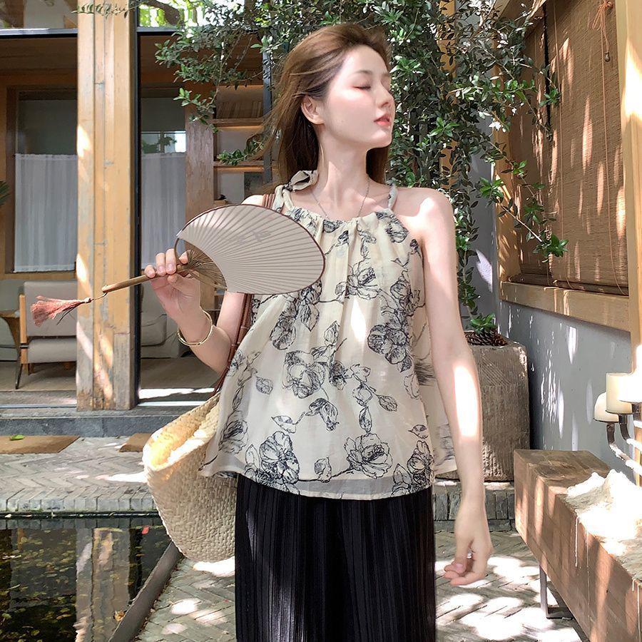 Summer Ink Painting Halter Neck Dress - Gentle, Sweet, Petite Short Skirt S 35-48 kg
