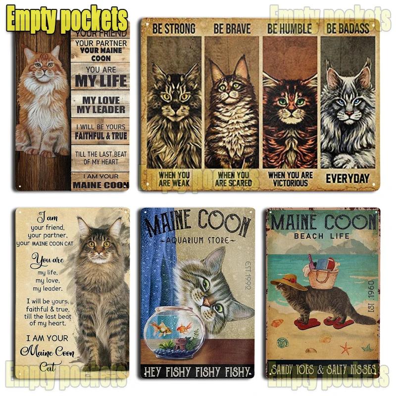 Cute Maine Coon Cat Posters Metal Tin Sign Wall Sign Plaque for Bathroom Coffee Farmhouse Home Kitchen Bedroom Wall Decoration