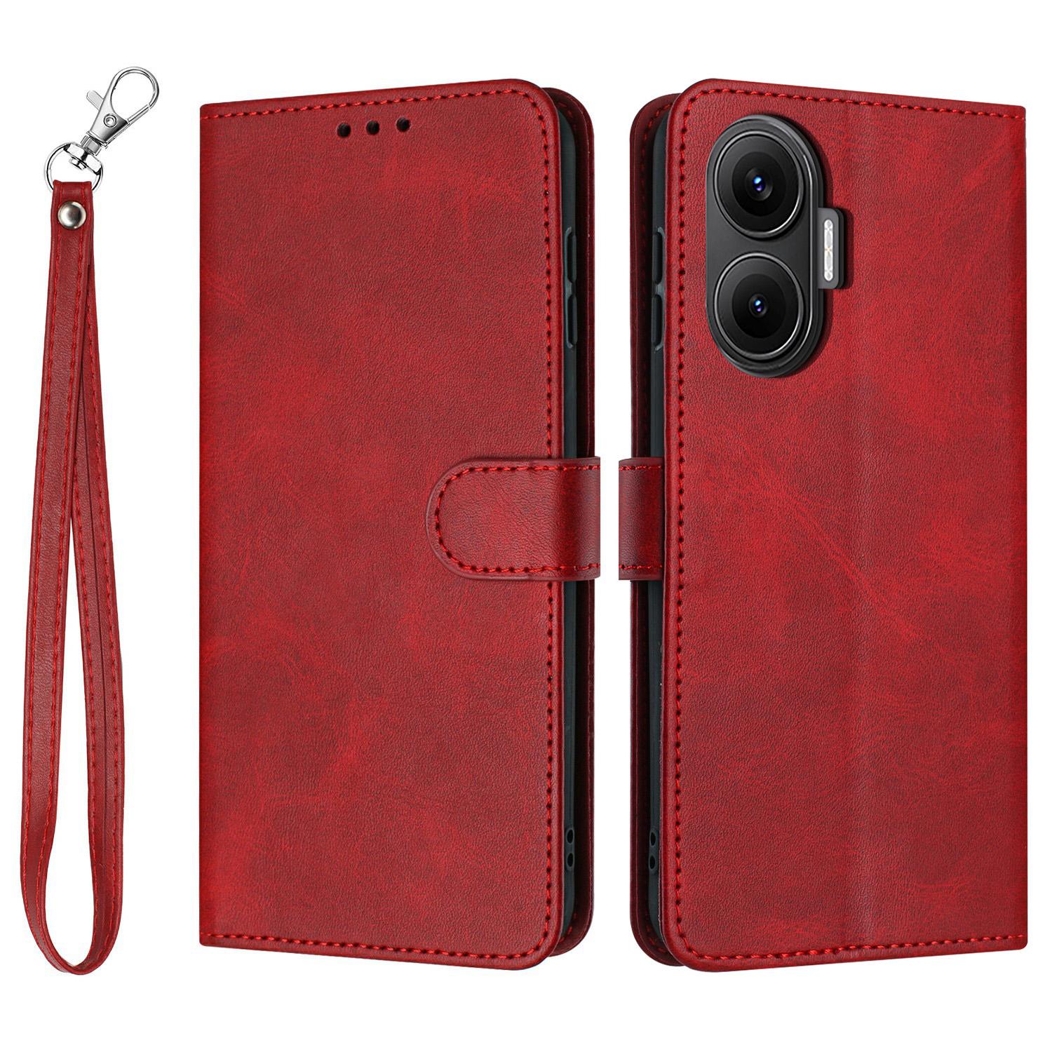 

For Xiaomi Poco F7 5G/Redmi Turbo 4 Pro 5G Case Flip Stand Calf Texture PU Leather Wallet Phone Cover with Strap Red