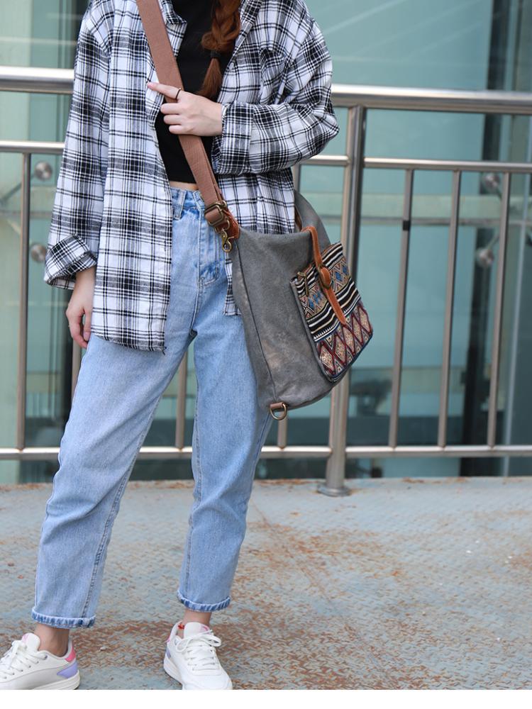 Johnature Denim-Mehrzweck-Umhängetasche, vielseitige große Kapazität, Segeltuch, geometrisch bedruckt, Damen-Umhängetaschen