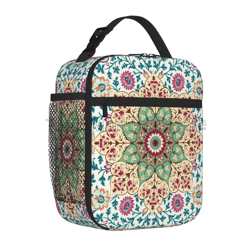Bohemian Mandala Art Print Insulated Lunch Bag with Side Pocket Portable Reusable Lunch Box Thermal Meal Tote for Women Picnic