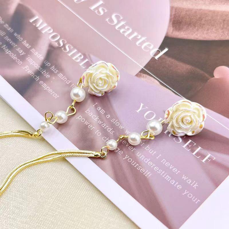 Elegant French Vintage Camellia Pearl Fringe Long Dangle Earrings Delicate Forest Jewelry
