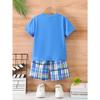 Boys' Fashion Dinosaur Print Round Neck T-shirt Short Sleeved&checkered Casual Shorts Set