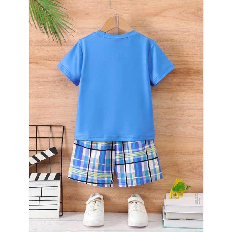 Boys' Fashion Dinosaur Print Round Neck T-shirt Short Sleeved&checkered Casual Shorts Set