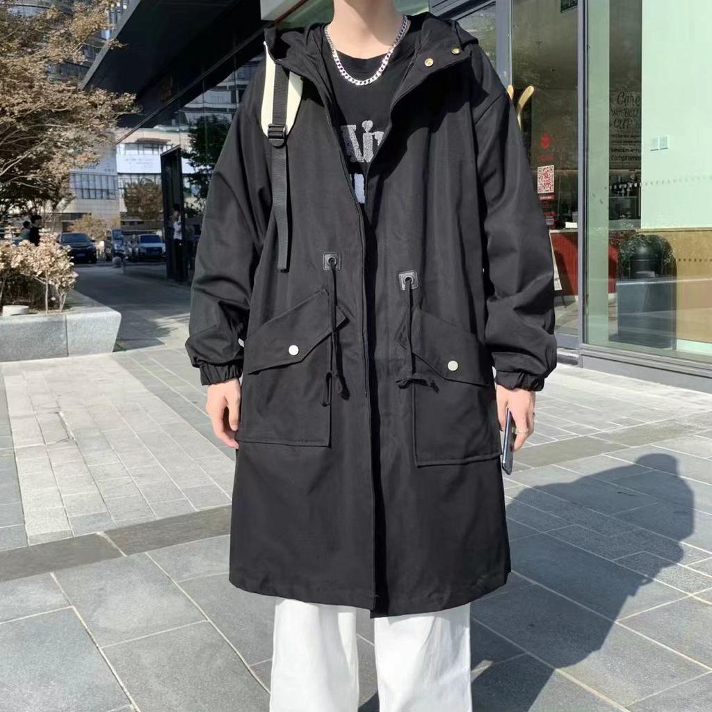 Jarní a podzimní mládežnická větrovka pánská ve stylu Hongkongu středně dlouhá ležérní s kapucí korejská edice trendy pánský kabát