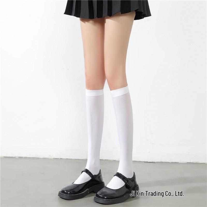 Velvet Thigh-High Socks - Black & White Silk, Sexy Slimming JK Style