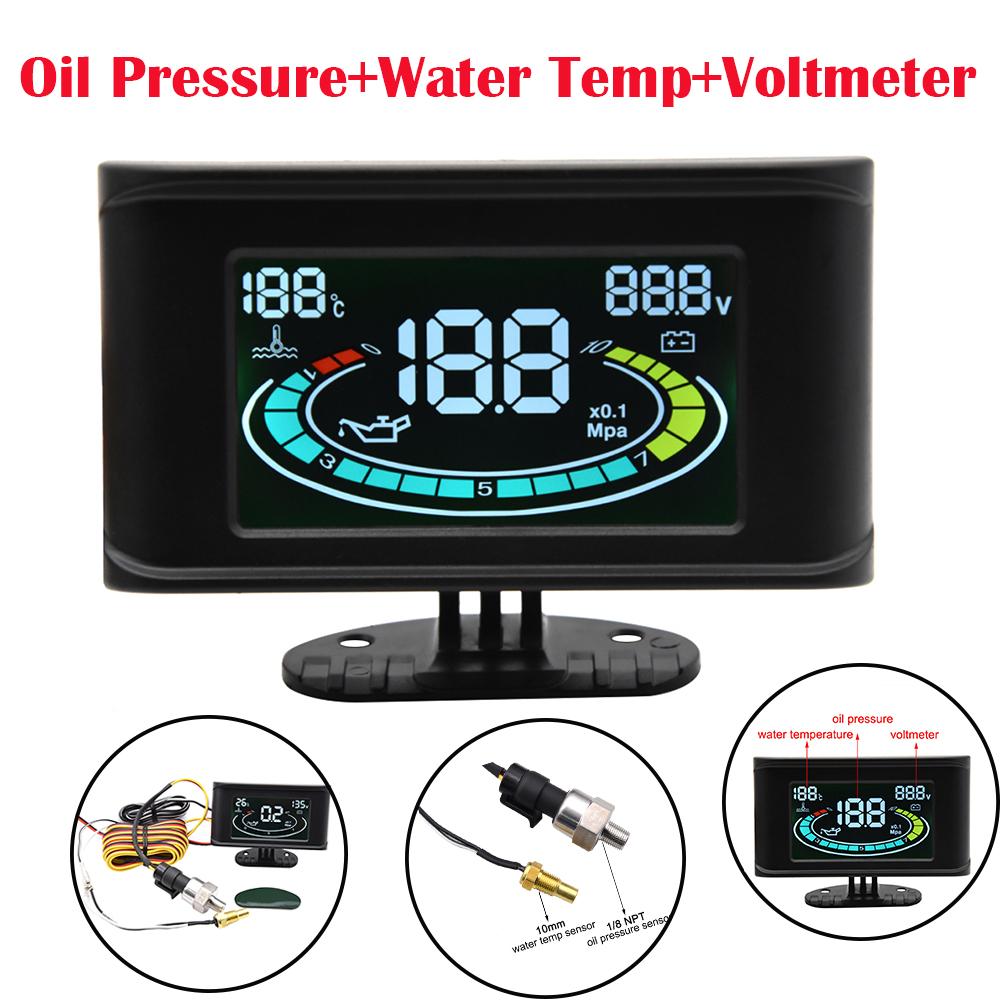2 In 1 / 3 In 1 / 4 In 1 LCD Digital Oil Pressure Gauge Voltmeter Fuel Level Meter 1/8 NPT Oil Press Sensor + Water Temp Sensor
