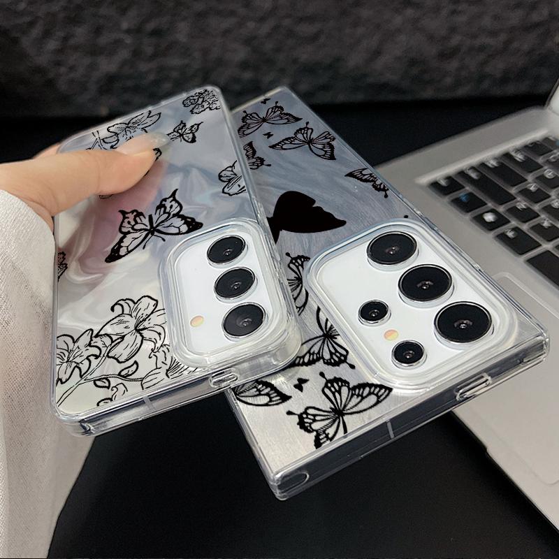 Black Butterfly Print Glitter Glossy Phone Case For Samsung S25 S24 FE S23 Ultra A56 A36 A55 A16 A15 TPU PC Hybrid Shockproof Slim Clear Bumper Cover