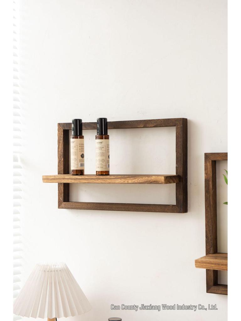 Square Solid Wood Floating Wall Shelf for Living Room - Creative Wooden Photo Frame & Ornament Display