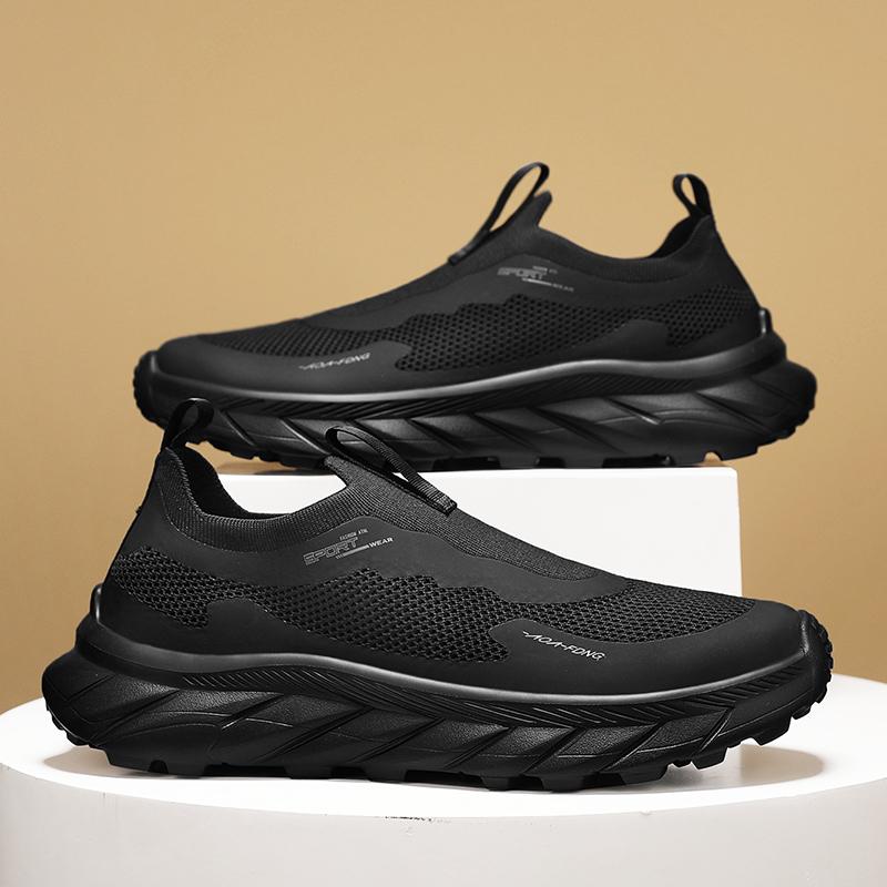 Mens Shoes Summer New Fly Woven Mesh Breathable Comfortable Platform Mens Sneaker Casual Soft Sole Black Slip On Shoes