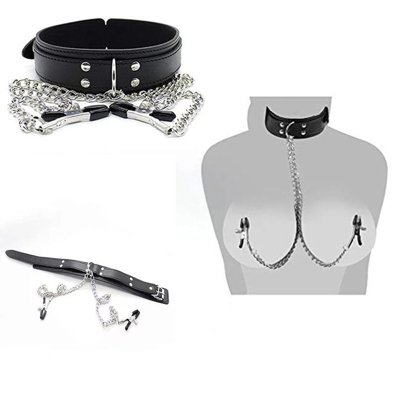 SM Adult Nipple Clamps Leather Choker with Chain - Kinky Erotic Necklace for Couples