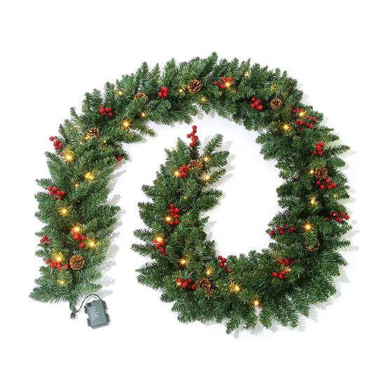 Yousheng 270CM Christmas Artificial Pine Garland with LED Light Red Berries Pinecone Glowing Faux Pine Needle Rattan Mantle Fireplace Porch Hanging