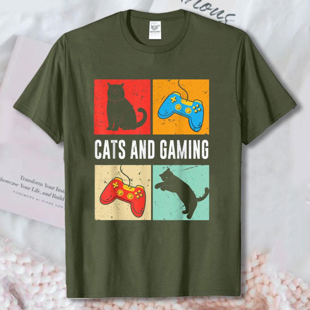 Cats And Gaming For The Cat Lover Gamer Video Game Player Tshirt Esport Pet Lover Streetwear Tops Vintage Game Controller Tees