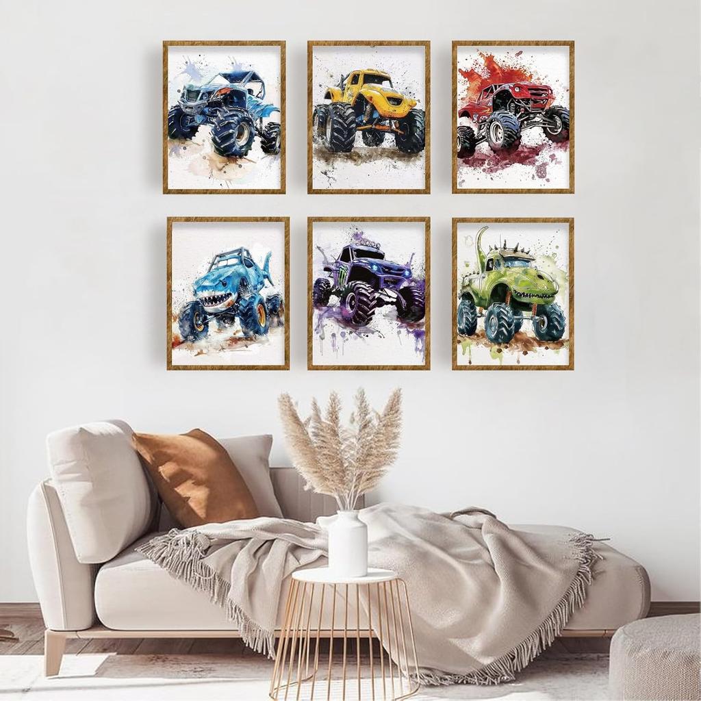 FREEBLOSS 6 Set Unframed Monster Truck Wall Art Prints 8"x10" Ink Painting Canvas Art Posters Funny Abstract Canvas Print Wall Art Paintings for Home