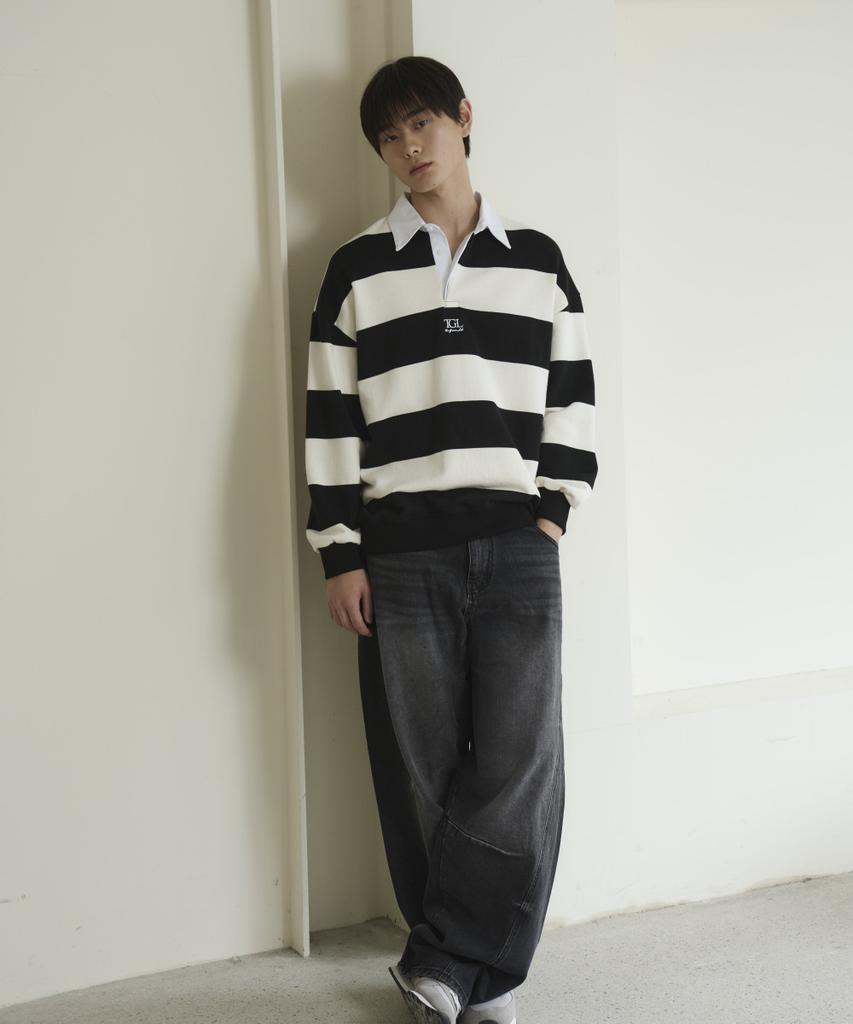 THE GREEN LAB Striped Rugby Collar Sweatshirt [Black]