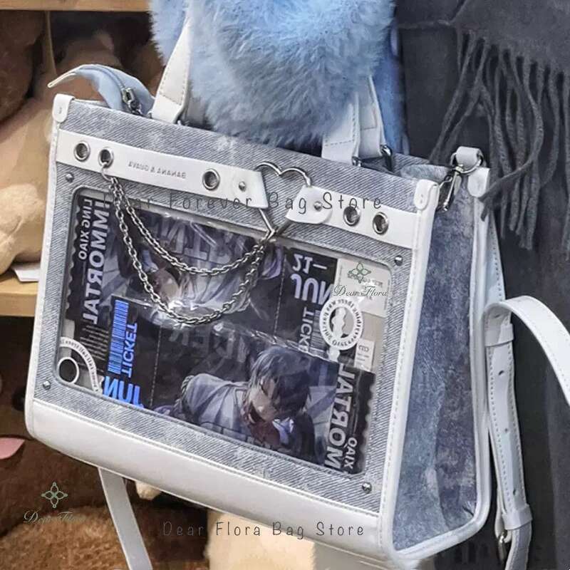 Y2K Women Fashion Denim Ita Shoulder Bag Cute Girl Transparent Pocket High-Capacity Crossbody Bag New Lolita DIY Display Handbag