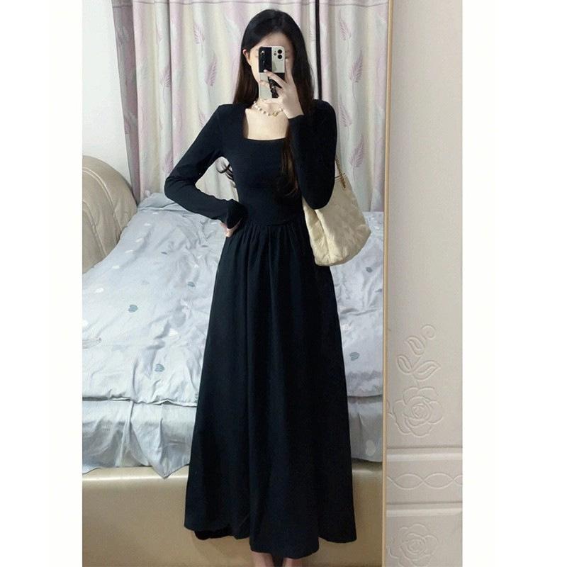 

Black square neck long-sleeved dress children s autumn new French Hepburn style long dress feeling early autumn wear S чёрный