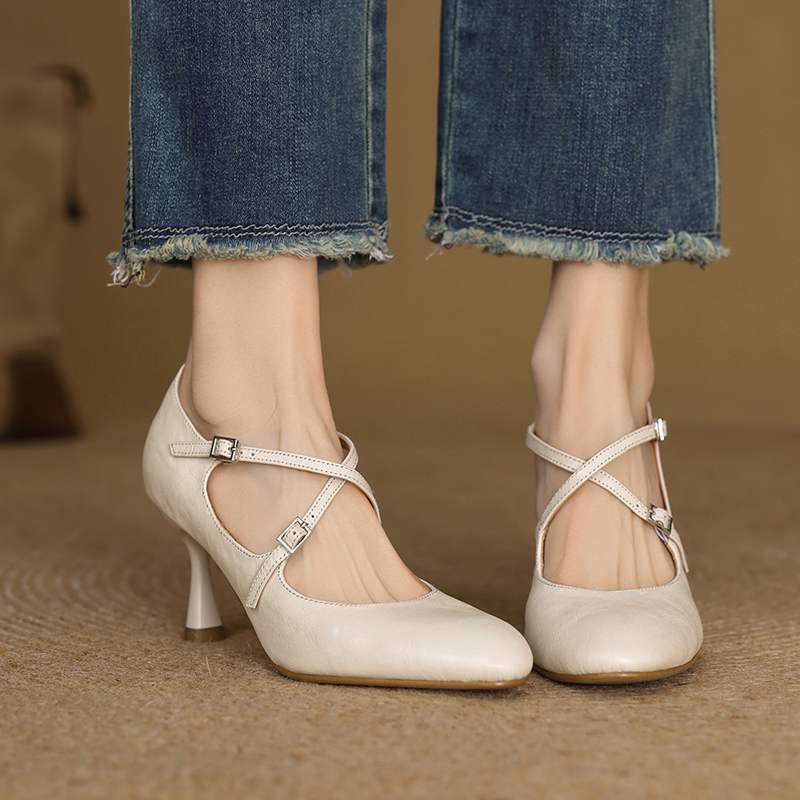 

Krazing Pot Sheepskin Fashion Spring Autumn Stiletto High Heels Women Round Toe Mary Janes Shoes Shallow Pumps 34 бежевый