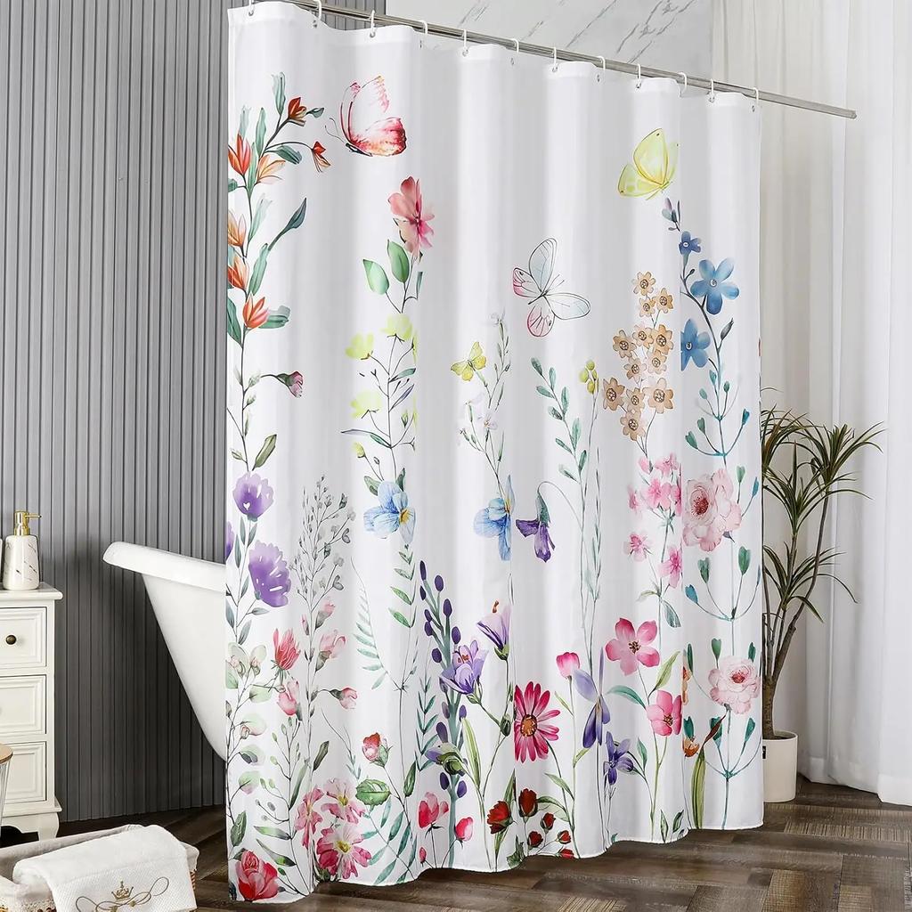 Floral Bathroom Shower Curtain Polyester Fabric Plant Shower Curtain For Bathroom, Machine Washable Quick Dry