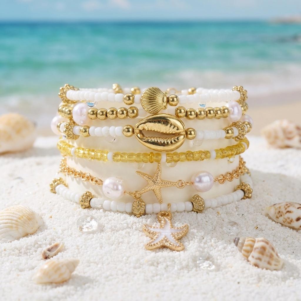 6Pcs/Set Boho Shell Starfish Stacked Bracelets for Women Imitation Pearl Beaded Elastic Bracelet Summer Ocean Jewelry Gift