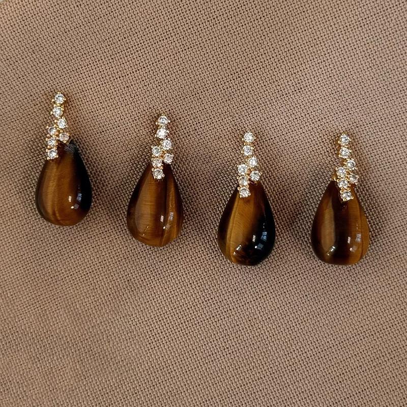 Fantasy Cubic Zirconia Water Drop Natural Stone Tiger Eye Dangle Earrings For Women Real Gold Plated Party Jewelry