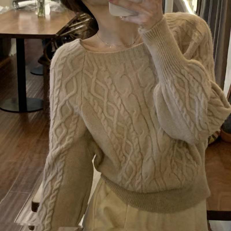 Women's Retro Thick Square Collar Twist Knit Sweater - Loose Fit, Waist Slimming, Ideal for Autumn/Winter