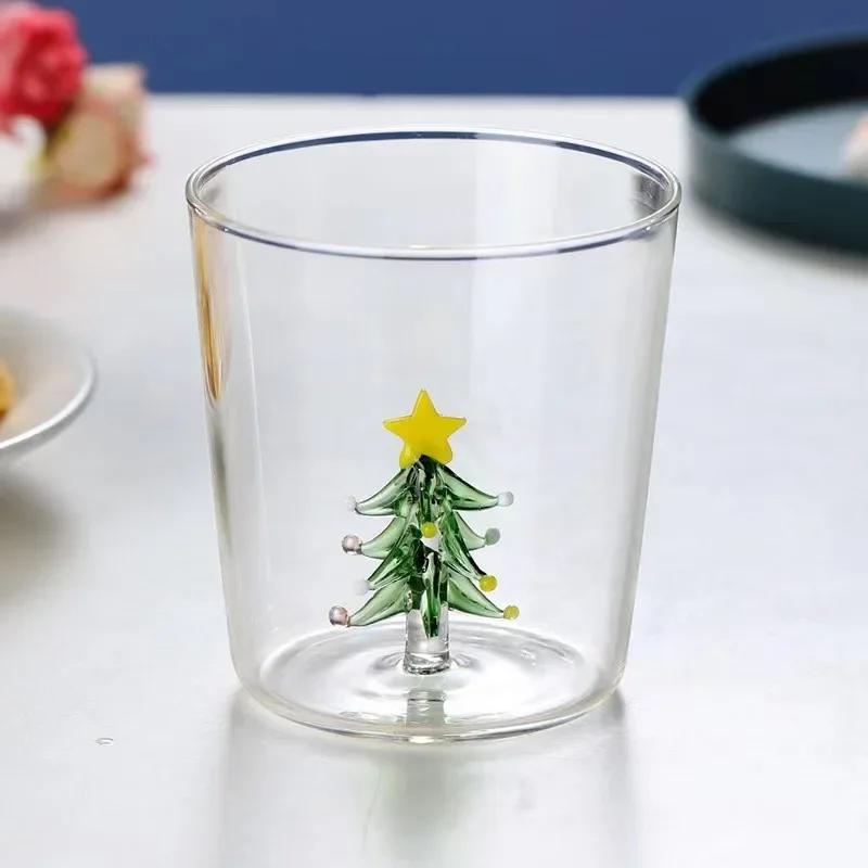 300ML Glass Water Cup with 3D Christmas Tree Rose Decoration For Daily Party Drinking Glasses Coffee Milk Mug Lover Gifts