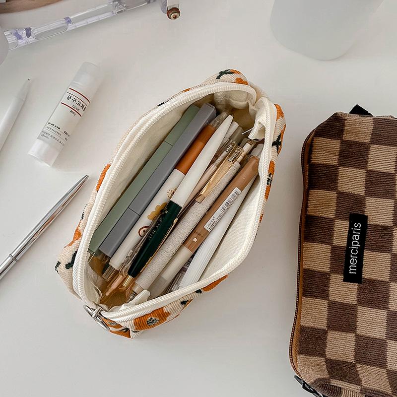 1pcs Corduroy Pencil Bag Pen Case Vintage Flower Grid Artistic Style Student Bag Unique Stationery Storage Pouch School