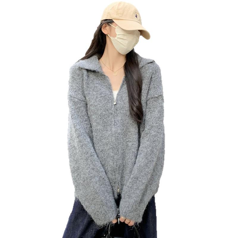 Women's Korean-Style Loose Lapel Double Zipper Sweater Coat - Autumn/Winter 2025 Knitted Cardigan