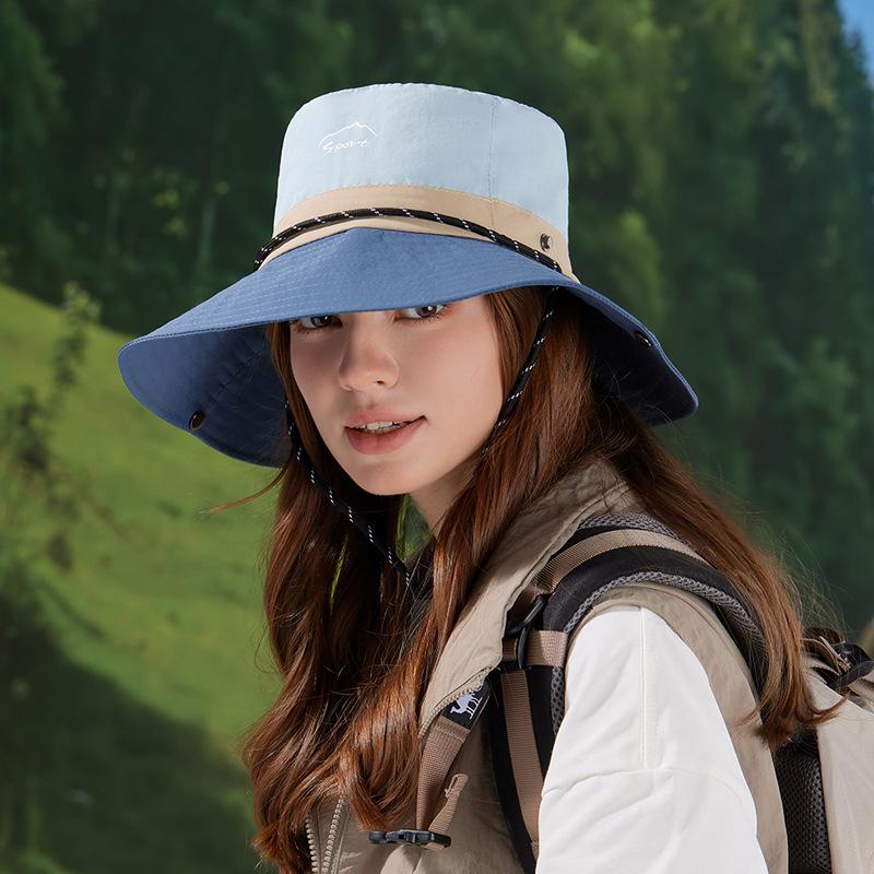 Summer outdoor leisure sun hat mountaineering fishing drawstring sun protection hat women's big brim quick-drying waterproof bucket hat