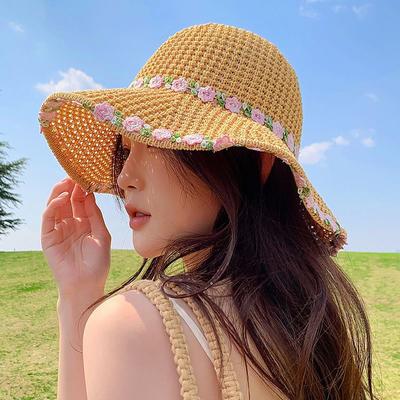 Women's Summer Pastoral Bucket Hat Small Fresh Flower Woven Straw Hat Big Brim Sun Hat Beach Sun Hat