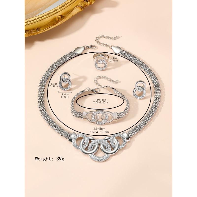 Exquisite five-piece fashion jewelry set for women: dazzling rhinestone criss-cross ring necklace and stud earrings