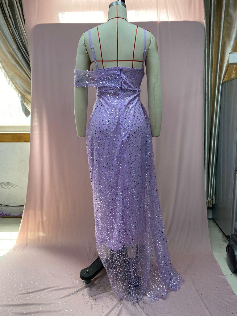 Robe de soirée à paillettes pour femme 2025: Jupe longue fendue irrégulière transfrontalière européenne et américaine avec bretelles